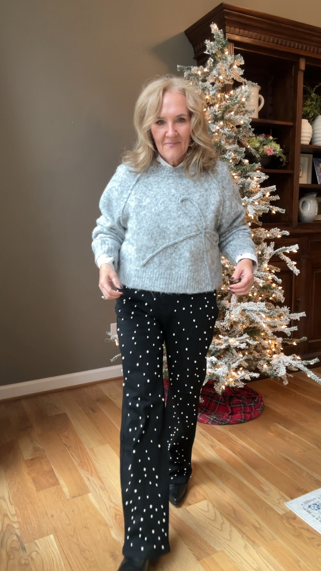 Pearl embellished jeans wearing a large but they’re pretty relaxed. 

Sweater size medium. Chicos no iron blouse size 1.
Boots 30% off size up a full size code BLACKFRIDAY 

Casual holiday outfit bow sweater Amazon fashion 

#LTKFindsUnder50 #LTKSaleAlert #LTKOver40