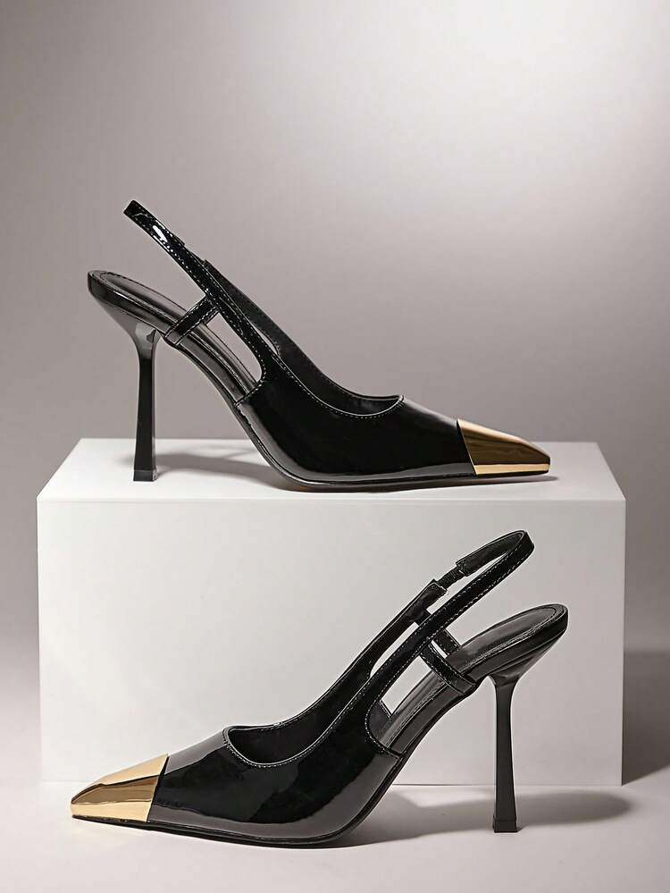 SHUZIA Elegant Women's Black Patent Slingback Pointed Metal Toe Pump Square Cut Vamp Stiletto High Heel Sexy Spring Summer Vacay Party Shoes For Christmas Valentine's Day | SHEIN