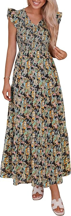 PRETTYGARDEN Women's Boho Floral Maxi Dress 2026 Summer Smocked V Neck Ruffle Sleeve Spring Flowy... | Amazon (US)