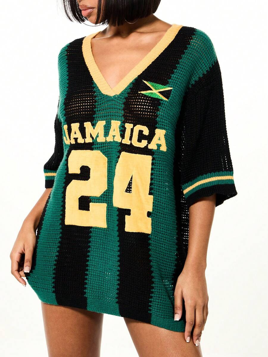 SUMWON WOMEN Sexy Jamaica Flag Colors Crochet V Neck Oversized Tunic Top With Number 24 Print And... | SHEIN