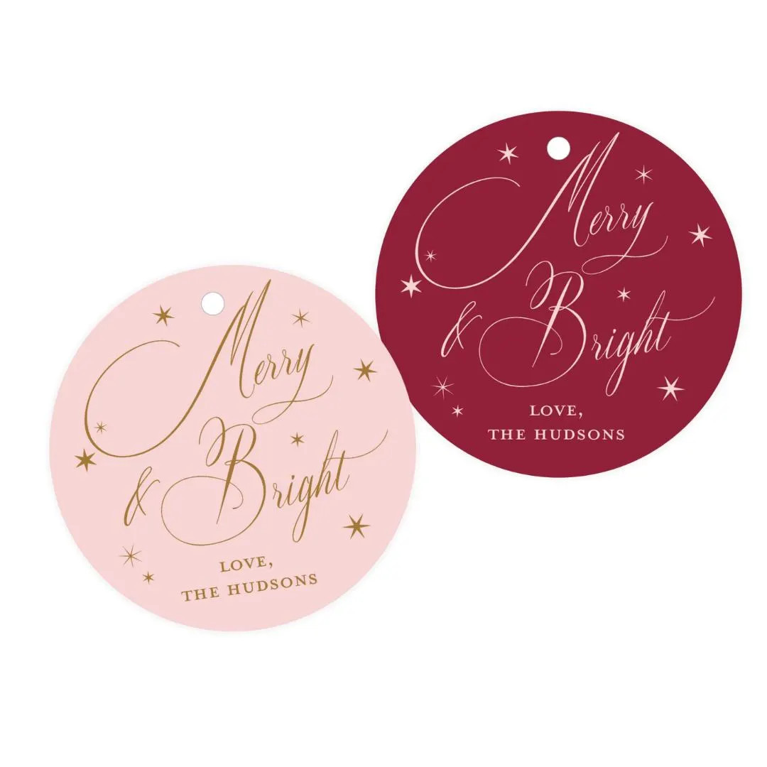 Merry and Bright Calligraphy Round Gift Tags, Custom Personalized Tags, Choose Your Color Customi... | Etsy (US)