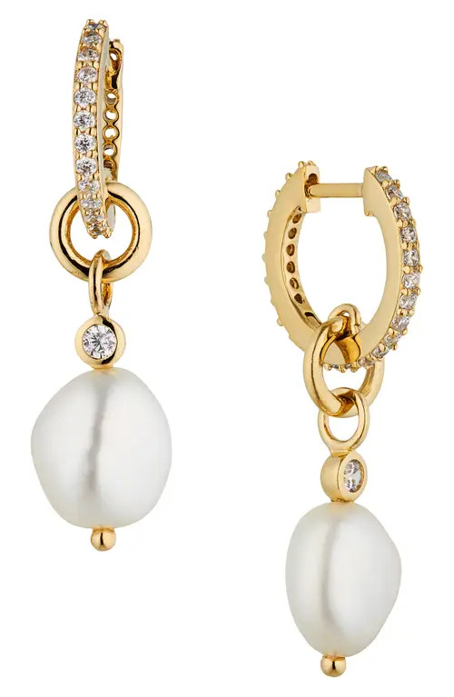 Nadri Dot Dot Dot Genuine Pearl Huggie Drop Earrings in Gold/Pearl at Nordstrom | Nordstrom