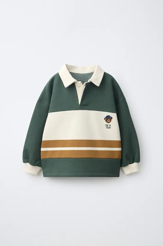 Long-sleeve polo shirt featuring a polo collar and cuffed sleeves. Designed with a front bear gra... | Zara US