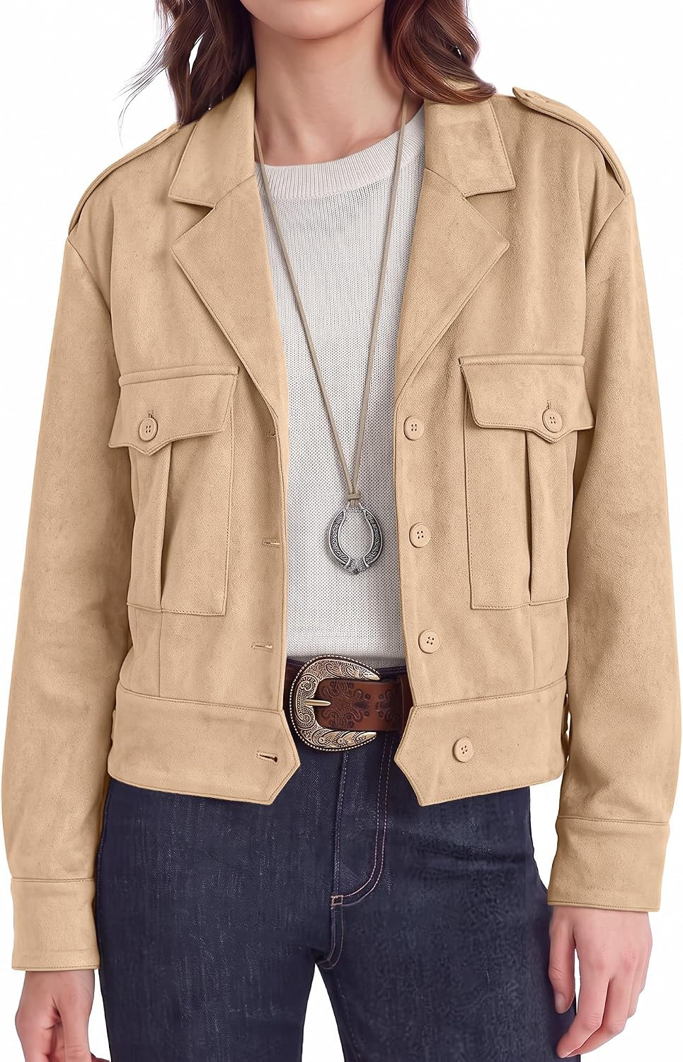 luvamia Faux Suede Jackets for Women Cropped Long Sleeve Button Down Coat | Amazon (US)