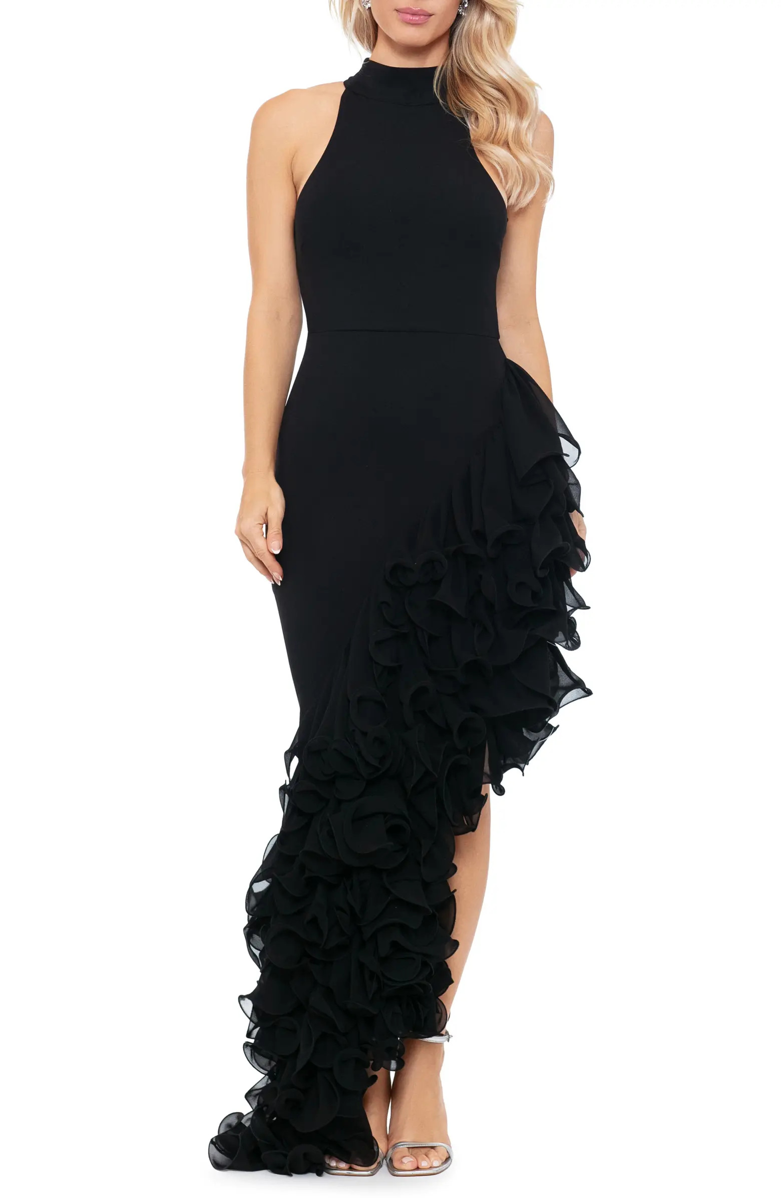 Ruffle Detail Asymmetric Body-Con Ponte Gown | Nordstrom