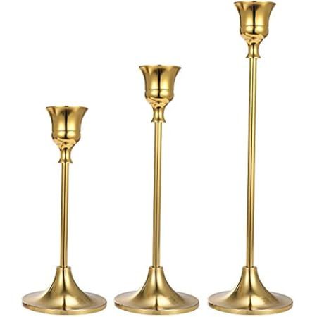 Vidisan Gold Candlestick Holders Taper Centerpiece Set of 3,Gold Candlesticks Candle Holder Set, Vin | Amazon (US)