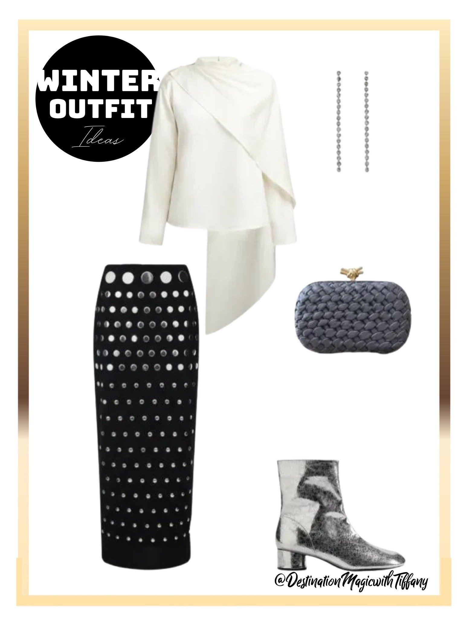 This everyday magic winter outfit is all about elevated statement pieces. An asymmetrical white top paired with a sleek studded midi skirt creates a modern, fashion-forward silhouette that still feels wearable. The clean lines and bold texture make this look perfect for winter events, date nights, or evenings out.

Finished with metallic ankle boots, a woven clutch, and minimal drop earrings, this outfit strikes the perfect balance between polished and playful. It’s a standout look that proves everyday style can still feel special — confident, chic, and intentionally styled.

#EverydayMagic #WinterOutfitInspo #StatementStyle #CapsuleWardrobe #LTKFinds #ChicEvening #ModernStyle #DestinationMagicWithTiffany

#LTKootd