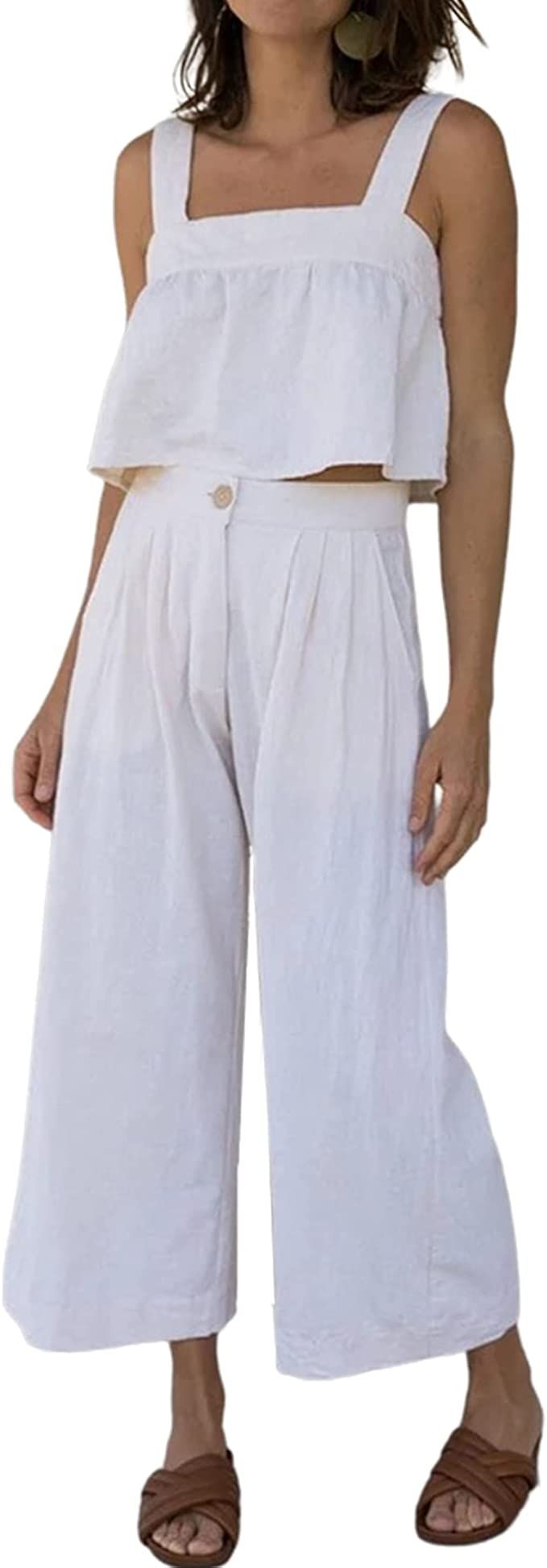 GIVNUAN Women's Summer 2 Piece Outfits Linen Sets Sleeveless Crop Tank Top Wide Leg Pants Romper ... | Amazon (US)