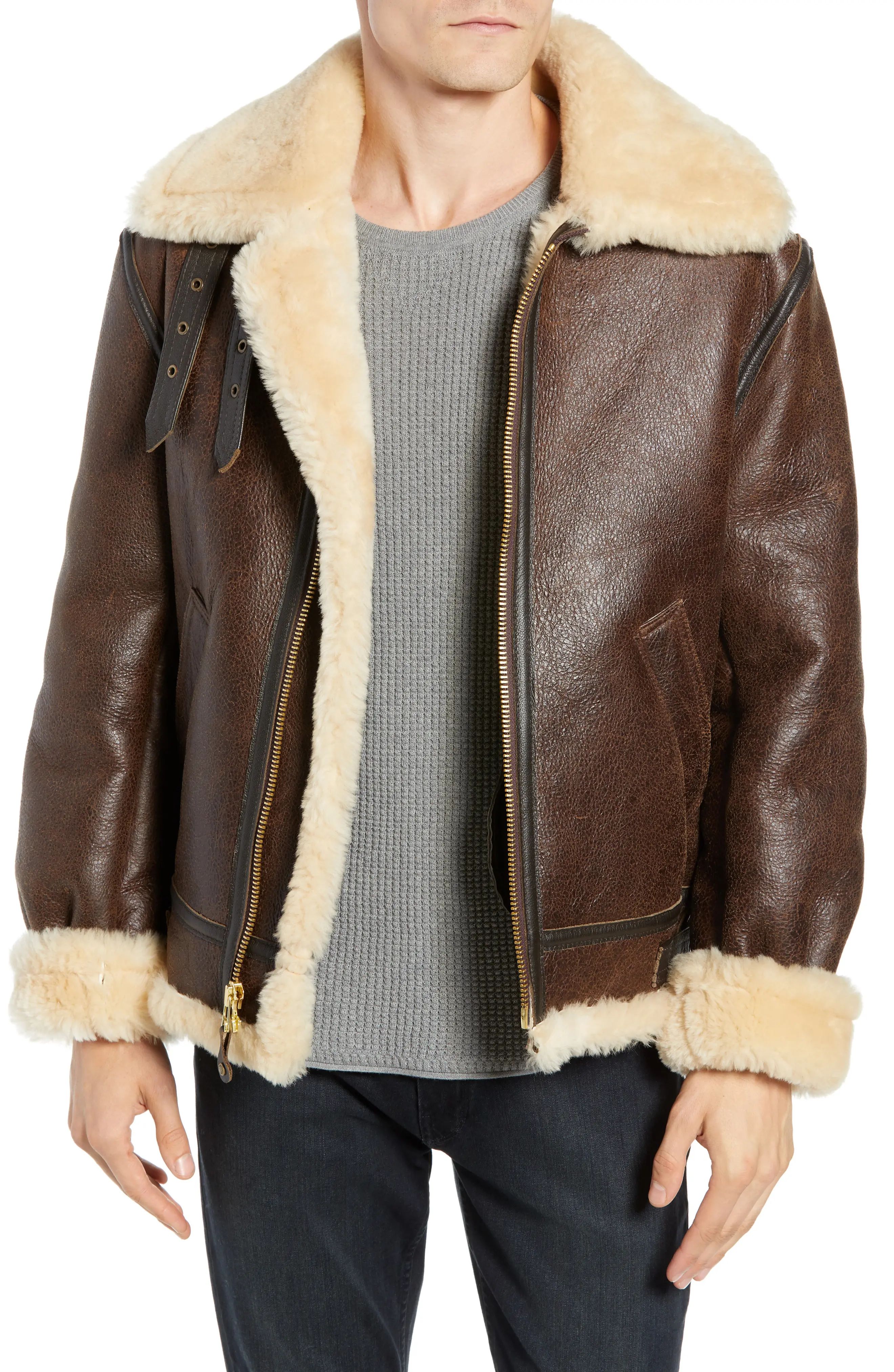 Men's Schott Nyc Genuine Sheep Shearling B-13 Bomber Jacket, Size Small - Brown | Nordstrom
