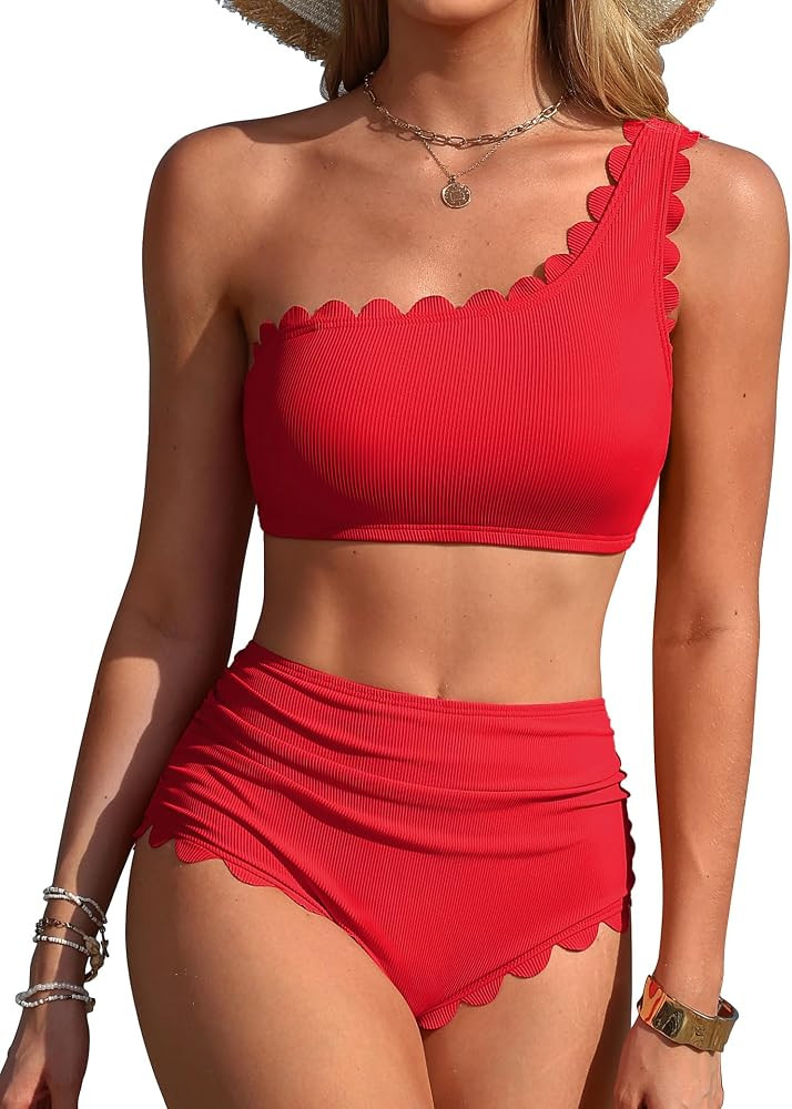 Charmo Womens One Shoulder Bikini Sets High Waisted Tummy Control Bathing Suits Ribbed Scalloped ... | Amazon (US)