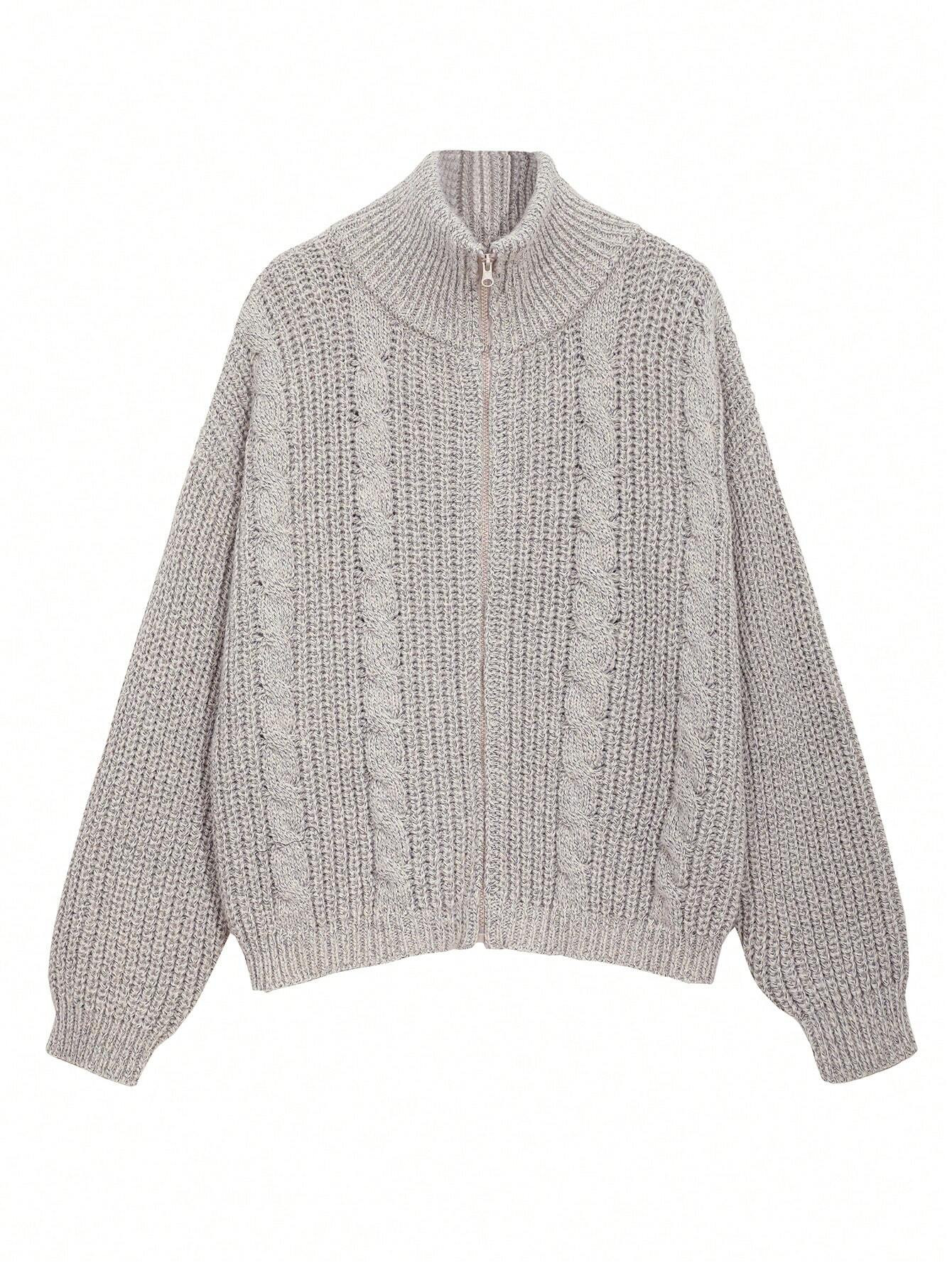 Dazy-Less Women High Collar Zip-Up Long Sleeve Casual Solid Color Textured Knit Cardigan | SHEIN