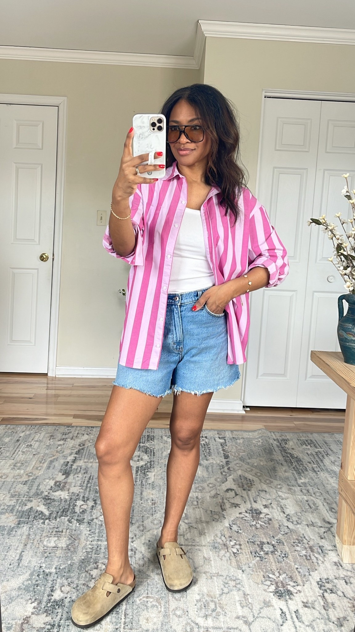 50% off sale at Old Navy! I sized up to a medium in this button down striped shirt but a small probably would have worked a bit better since it’s already pretty oversized. Wearing a small in my Amazon tank top. Wearing a size 27 in the curve love denim Dad shorts. ￼

#LTKgrwm #LTKootd #LTKOver40