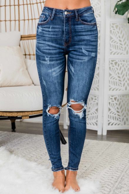 The Maggie Dark Wash Distressed Skinny Jeans | The Pink Lily Boutique