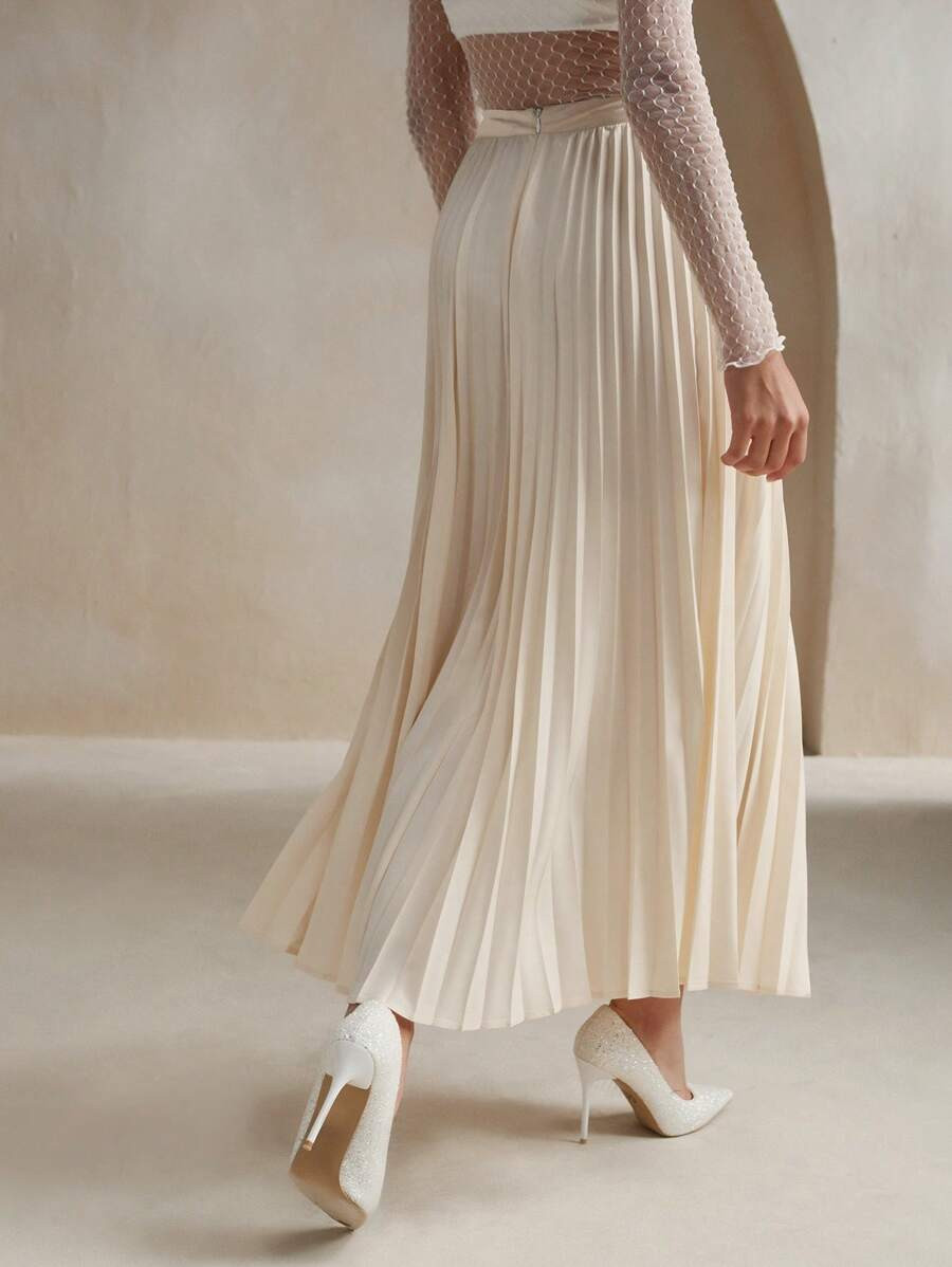 Anewsta Women's Solid Color Elegant Pleated Skirt Maxi Women Outfit | SHEIN