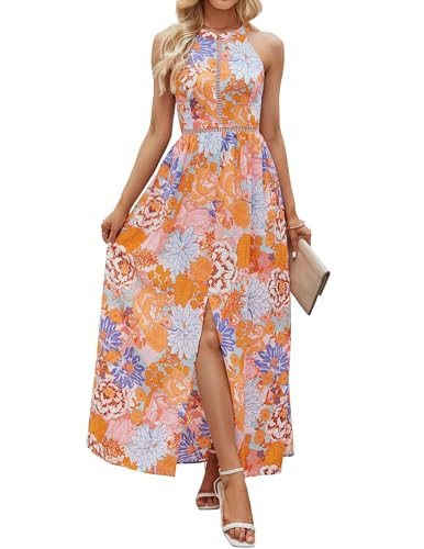 ZESICA Women's Summer Halter Neck Floral Print Backless Split Beach Party Maxi Dress,Tangerine,XX-Large | Amazon (US)