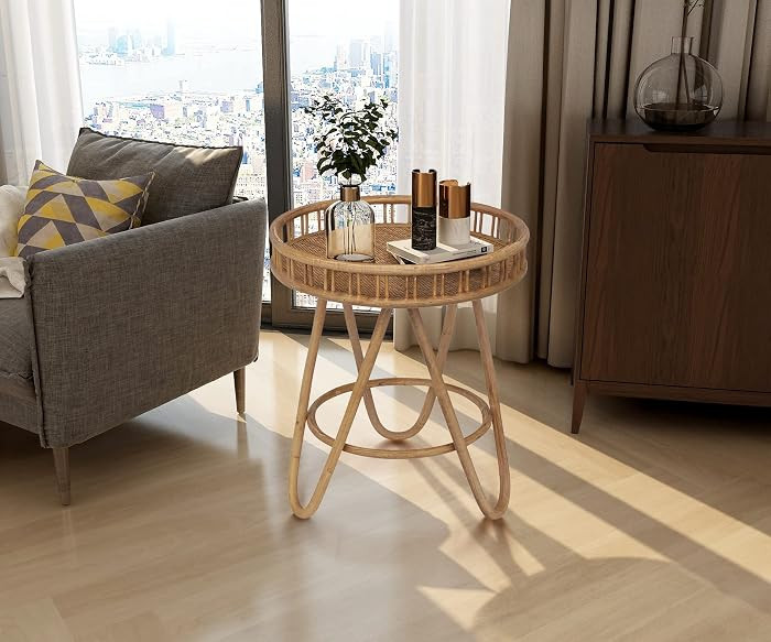 FINECASA Rattan Side Table with Wicker Tray Top 20x23'', Boho Hand-Woven End Table, Small Round E... | Amazon (US)