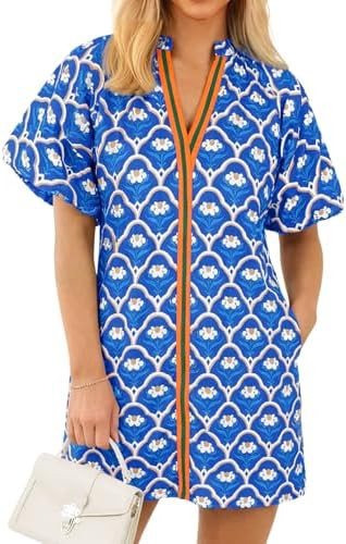 Wenrine Womens Summer Dresses Casual Floral Puff Sleeve V Neck Boho Loose Beach Mini Dress with P... | Amazon (US)