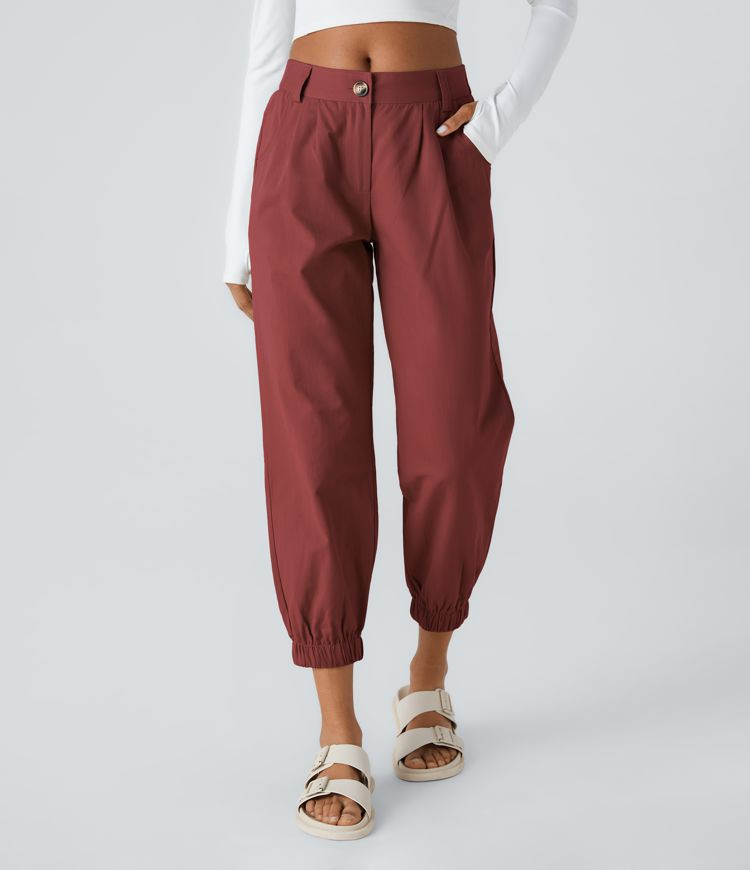 Women’s Mid Rise Button Zipper Side Pocket Casual Cotton Joggers - Halara | HALARA