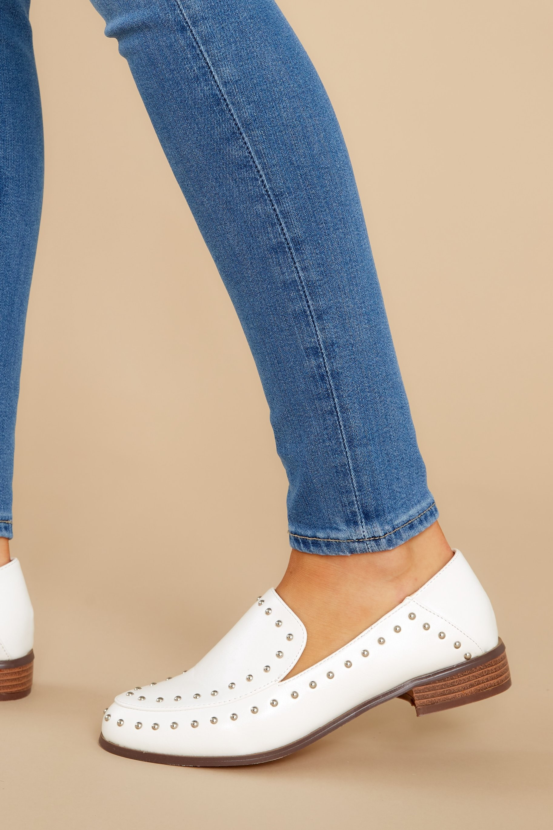 Steps Ahead White Studded Loafers | Red Dress 