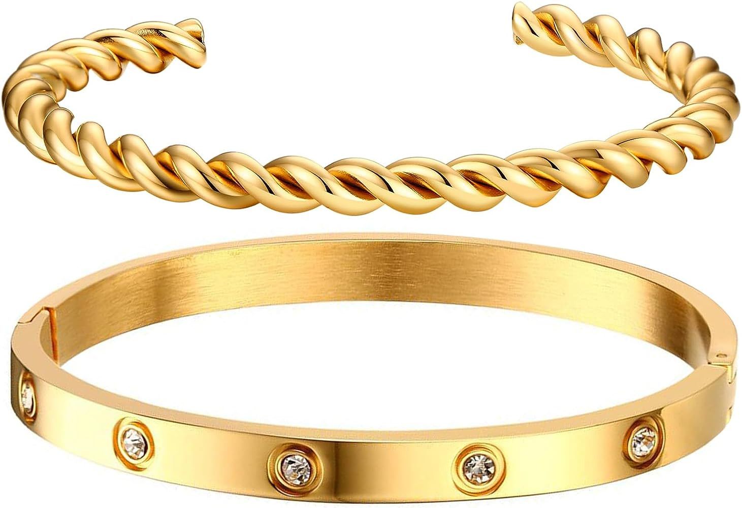 Gold Bracelets for Women - 2Pcs 18K Gold Plated Love Cubic Zirconia Bangle Crystal Friendship Bracel | Amazon (US)