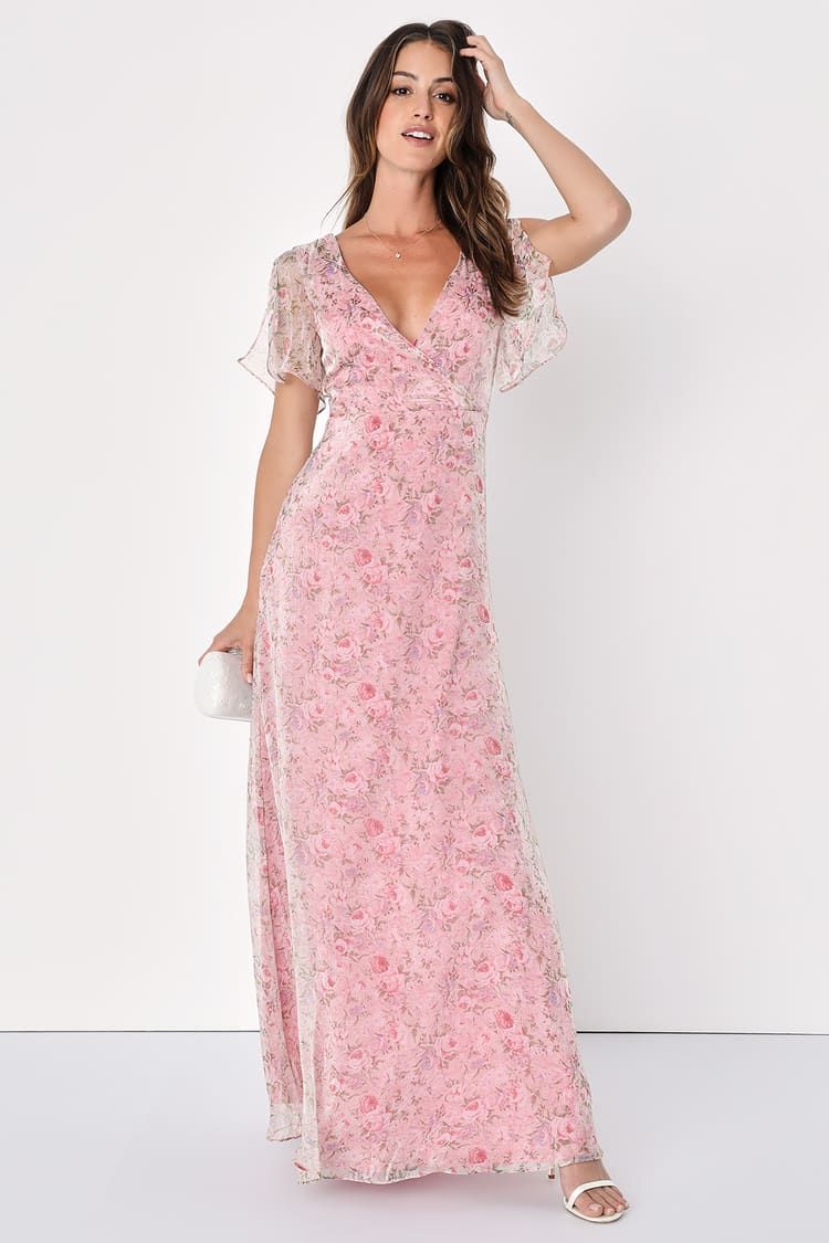 Dreamiest Desires Pink Floral Flutter Sleeve Organza Maxi Dress | Lulus