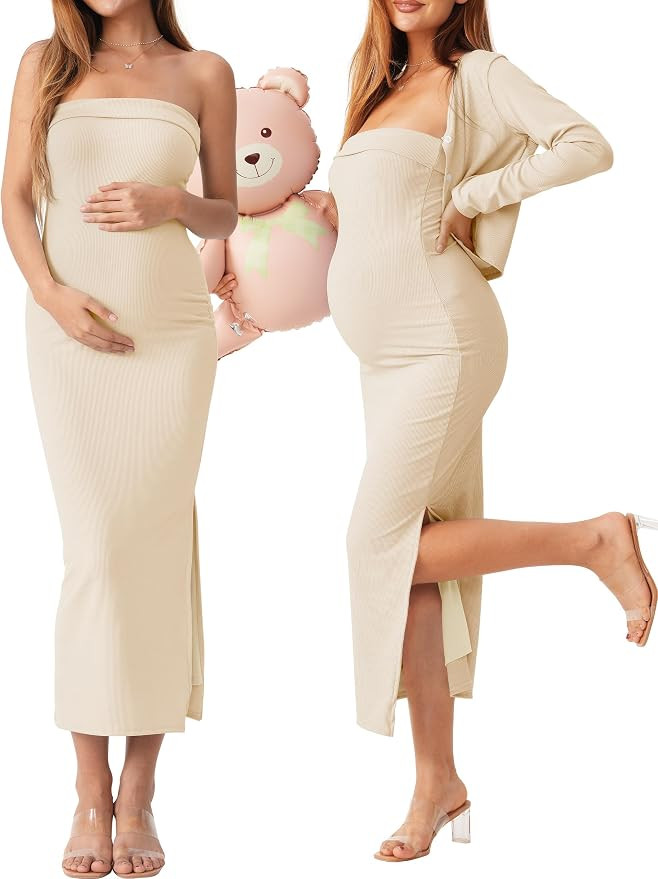 2 Piece Strapless Maternity Dress & Cardigan Set for Baby Shower | Amazon (US)