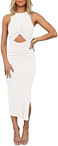 HUUSA Women's Sexy Sleeveless Cut Out Slim Bodycon Dress Crewneck Crisscross Twist Ruched Slit Ri... | Amazon (US)