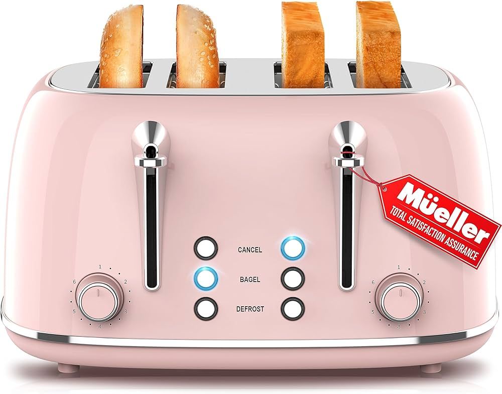 Mueller Retro Toaster 4 Slice with Extra Wide Slots Bagel, Defrost, and Cancel Function, 6 Browni... | Amazon (US)