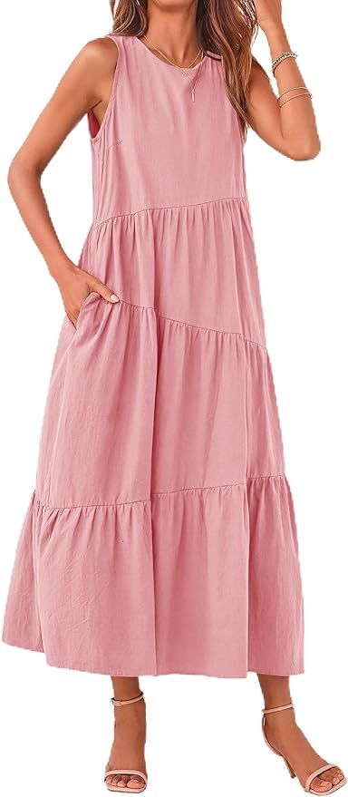 PRETTYGARDEN Women's 2024 Summer Casual Midi Dress Sleeveless Long Flowy Tiered Cute Vacation Bea... | Amazon (US)