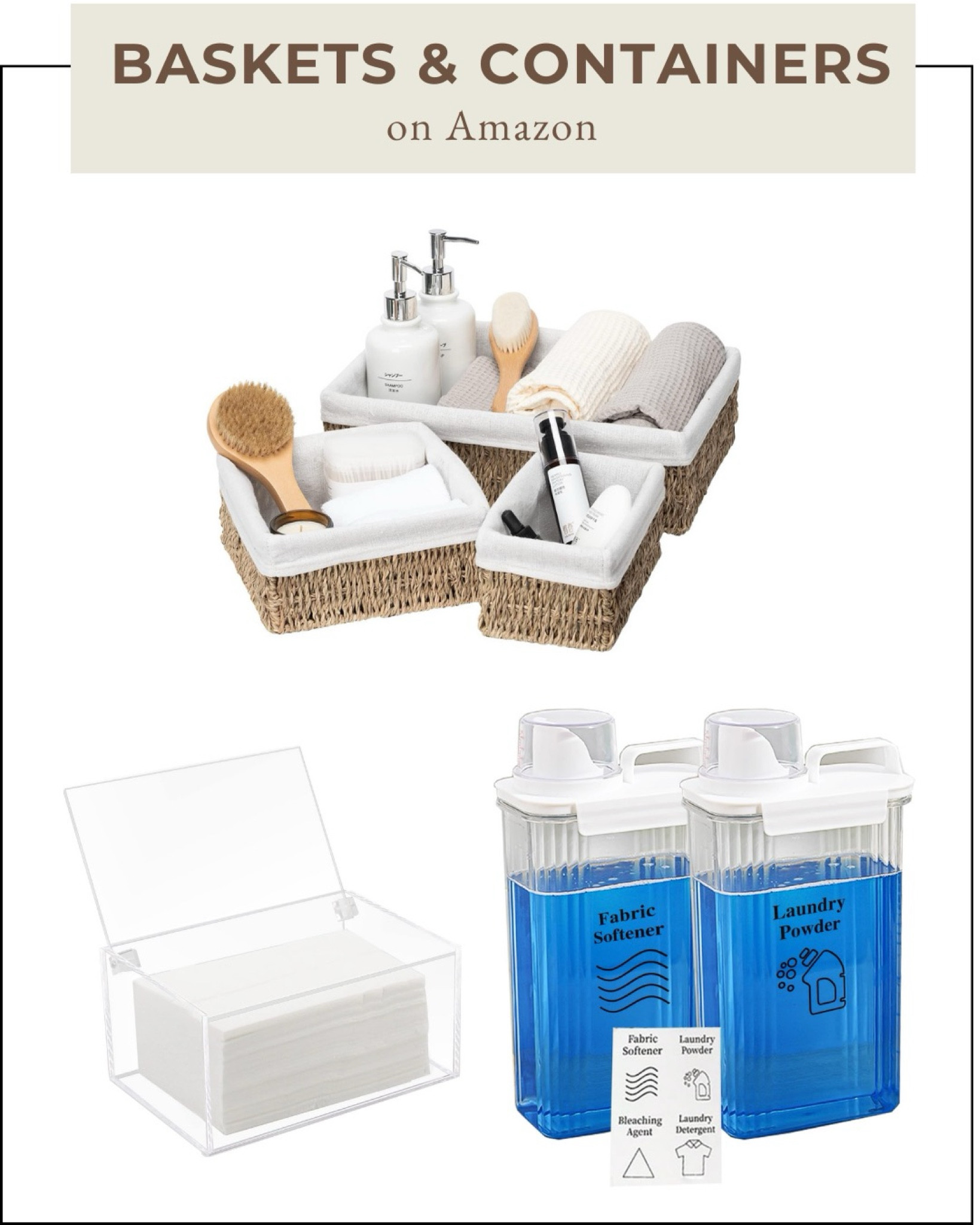 Lined seagrass baskets 
Dryer sheet container 
Liquid laundry detergent containers 

#LTKhome #LTKfindsunder50