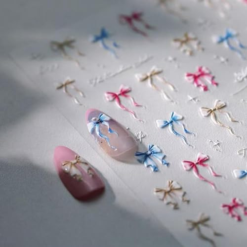 Bowknot Nail Art Stickers 5D Embossed Nail Decals Self-Adhesive Multi Color Nails Art Supplies Cute Manicure Charm Bow Stickers for Women Girls Christmas DIY Nails Decorations | Amazon (US)