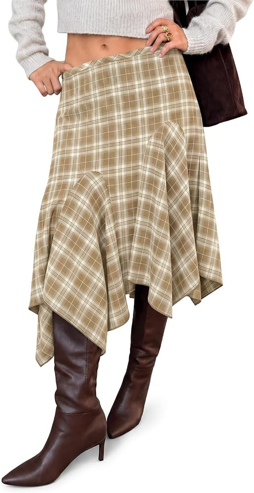 Yousify Women's Plaid Midi Skirts Y2k Low Waist Asymmetrical Flowy Skirt | Amazon (US)