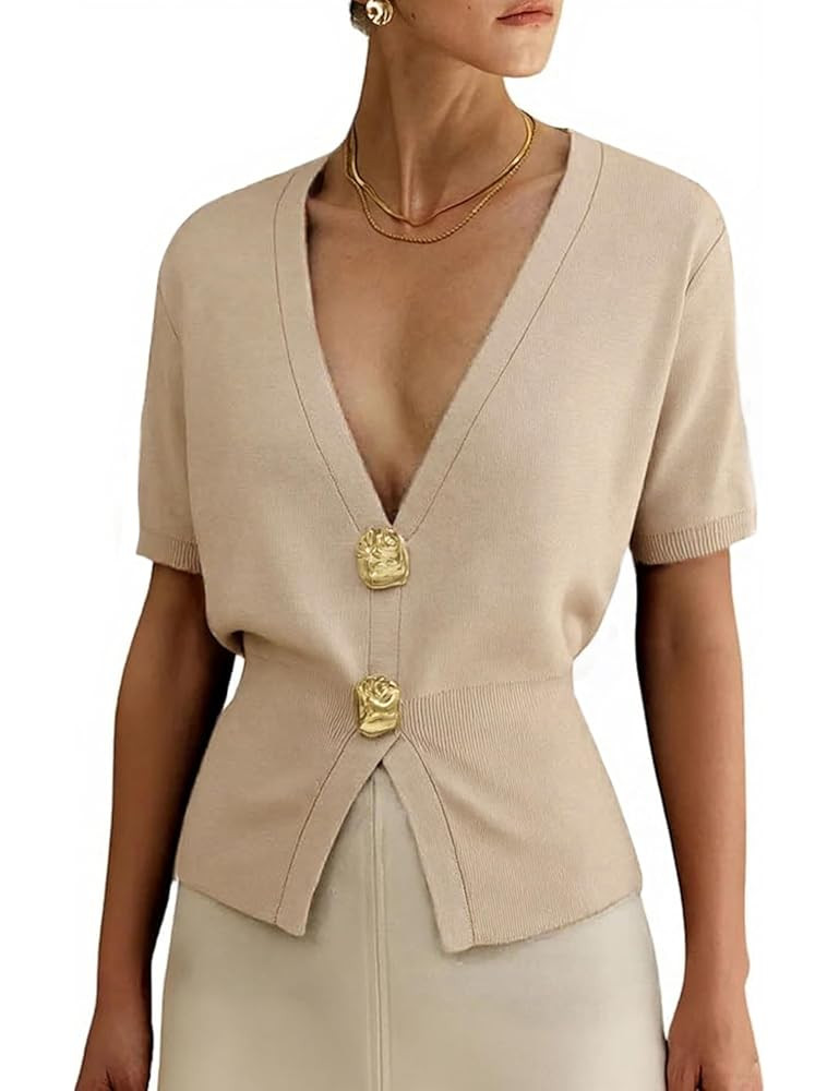 Hooever Women Deep V Neck Sweater Gold Button Down Knit Tops Summer Trendy Pullover Tops | Amazon (US)