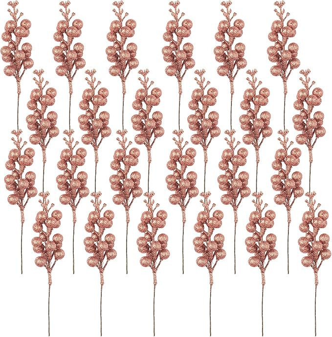 Crafare 24 Pack Rose Gold Christmas Glitter Berries Stems Artificial Christmas Picks for Christma... | Amazon (US)