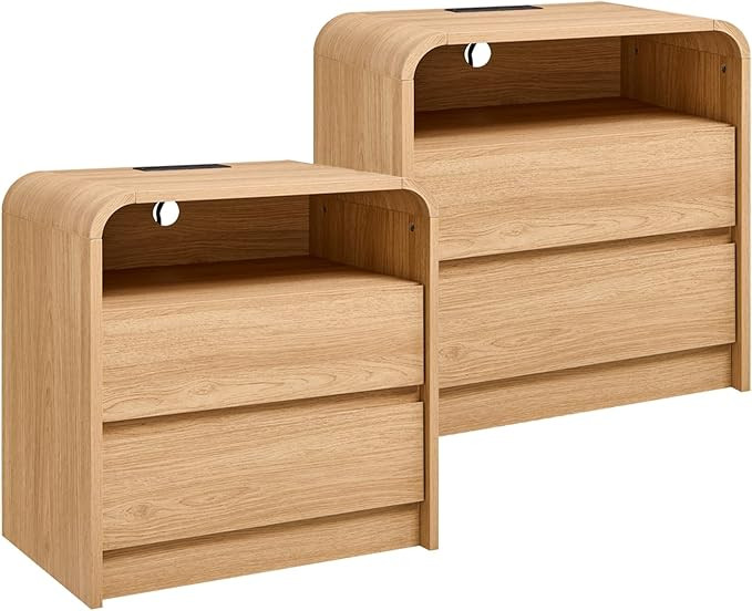 25" Tall Modern Nightstand Set of 2, 23.6'' Wide Wood Bedside Table w/2 Storage Drawers, Charging... | Amazon (US)