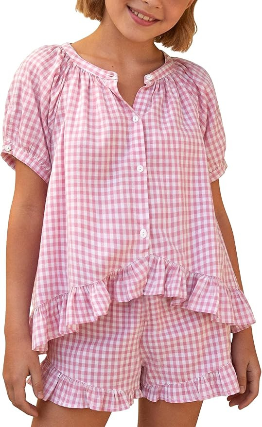 Flygo Girls Plaid 2 Piece Outfits Cotton Gingham Sets Cute Button down Ruffle Peplum Top Shorts S... | Amazon (US)