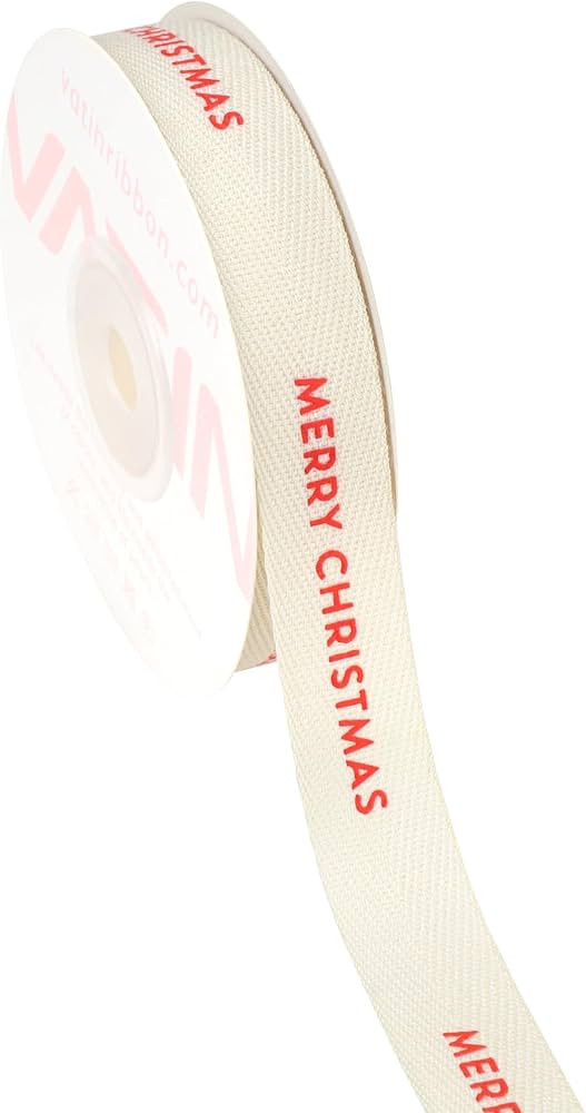 VATIN Herringbone Christmas Cotton Ribbon Printed with \u201cMerry Christmas\u201d, Natural Color... | Amazon (US)