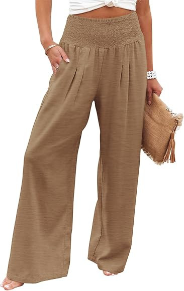 Angerella Womens Elastic High Waisted Palazzo Pants Casual Wide Leg Long Lounge Pant Trousers wit... | Amazon (US)