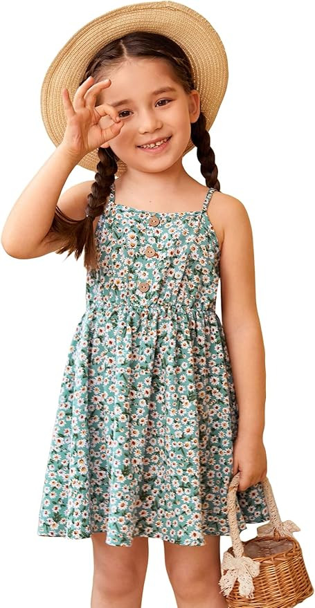 WDIRARA Toddler Girl's Floral Print Spaghetti Strap Button Front Flared A Line Cami Dress | Amazon (US)