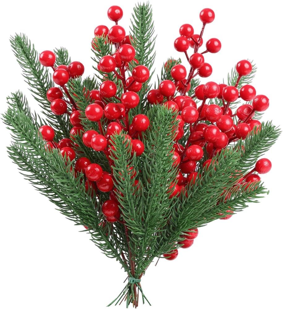 Findosom 30 Pieces Artificial Pine Branches, Christmas Holly Berries Artificial Red Berry Stems f... | Amazon (US)