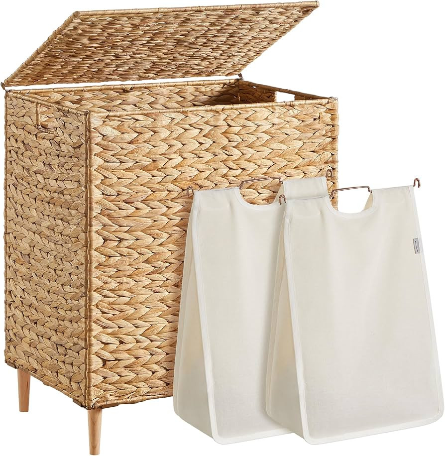 SONGMICS Laundry Hamper 2 Sections, 34.3 Gal. (130 L) Handwoven Water Hyacinth Wicker Laundry Bas... | Amazon (US)