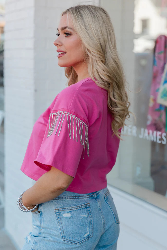 Hold On Loosely Pink Rhinestone Shoulder Detail T-Shirt | Pink Lily