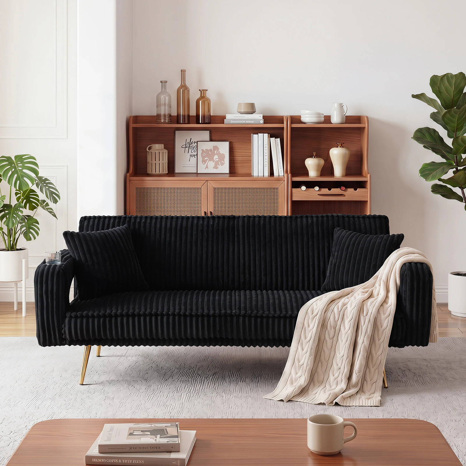 Tinyhomie 74 inch straight corduroy sofa bed with pillows adjustable in three levels designed in a minimalist style suitable for use in living rooms | Lowe's