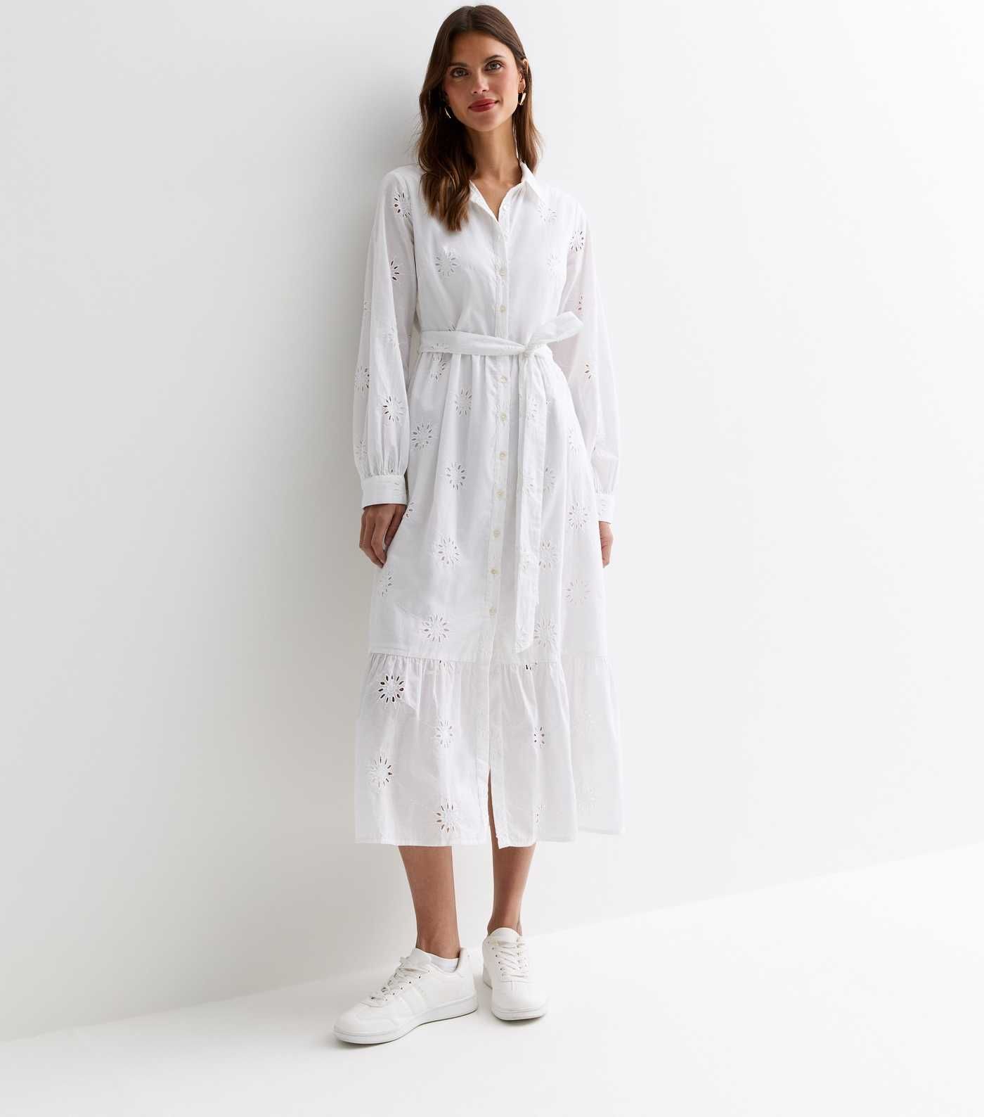 White Cotton Flower Broderie Belted Midi Shirt Dress
						
						Add to Saved Items
						Remove... | New Look (UK)