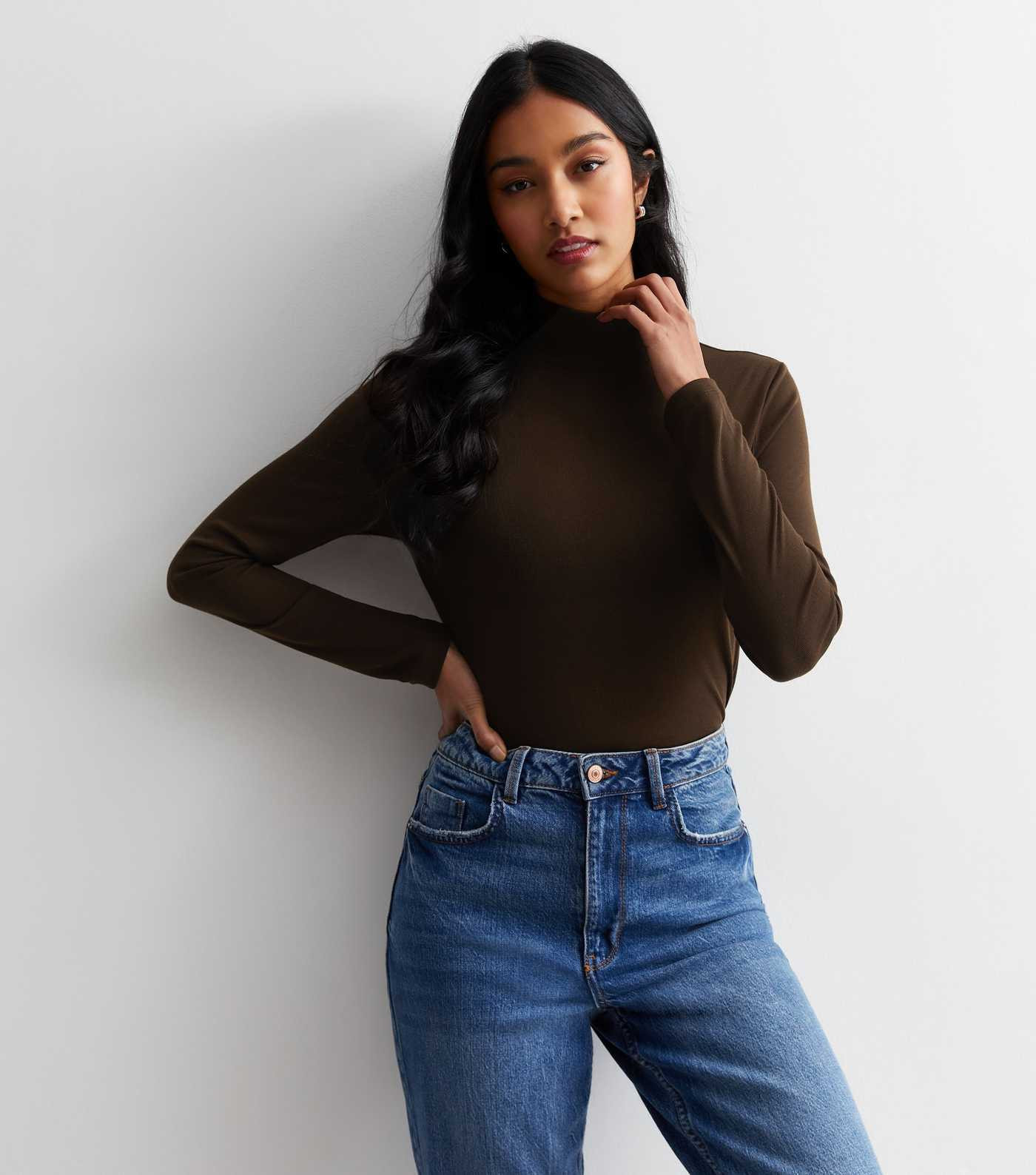 Dark Brown Sheer Jersey High Neck Top | New Look | New Look (UK)