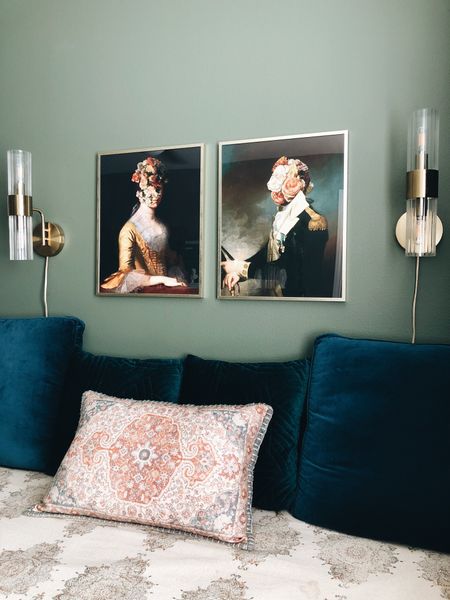 A little peek at our guestroom turned nursery! These sconces are from Target and no longer available but these new H&M sconces are almost identical!
-
Blue velvet daybed - velvet throw pillows - vintage portrait art - gold frames - gold and glass wall sconces - affordable bedroom decor - affordable art Etsy - Wayfair - World Market 

#LTKsalealert #LTKunder100 #LTKhome