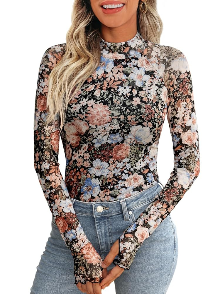 Dealmore Lace Sheer Long Sleeve Floral Mesh Mockneck Trendy Cute Going Out Tops for Women Fall Fa... | Amazon (US)