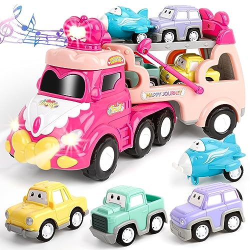 FindGood Toys for 1 2 3 Year Old Girl Pink Truck, 5-in-1 Carrier Truck Toys for Toddler Girl, Princess Toy Cars with Light & Sound, Birthday Gifts for 1 2 3 Year Old Girls | Amazon (US)