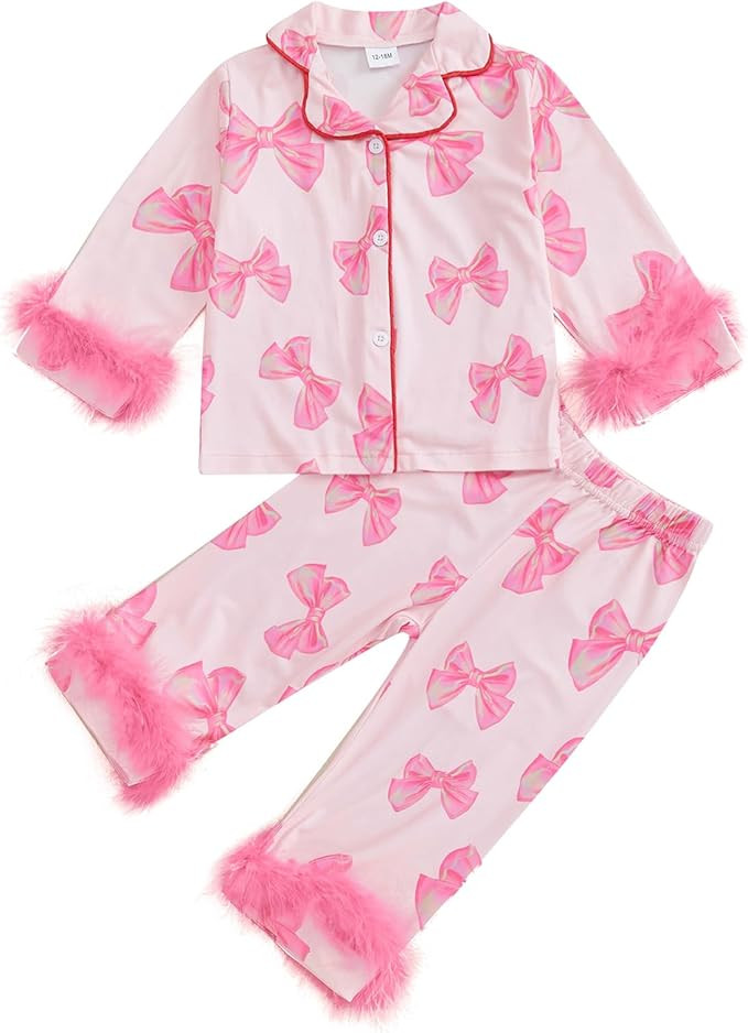 Kuriozud Toddler Kids Little Girls Easter Satin Pajamas Egg Bow Print Feather Trim Sleeve Button ... | Amazon (US)