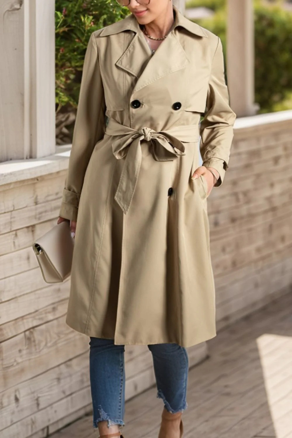 Collared Neck Tie Waist Buttoned Long Sleeve Trench Coat S | Casual Chic Boutique